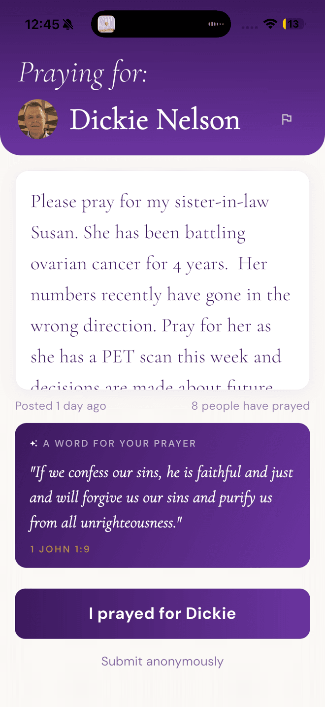 A church member's prayer request with a Scripture prompt