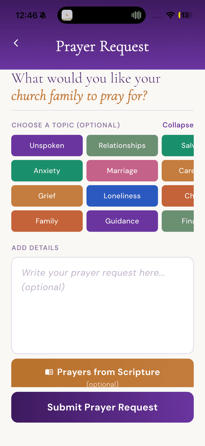 Prayer request form with topic chips and a details field