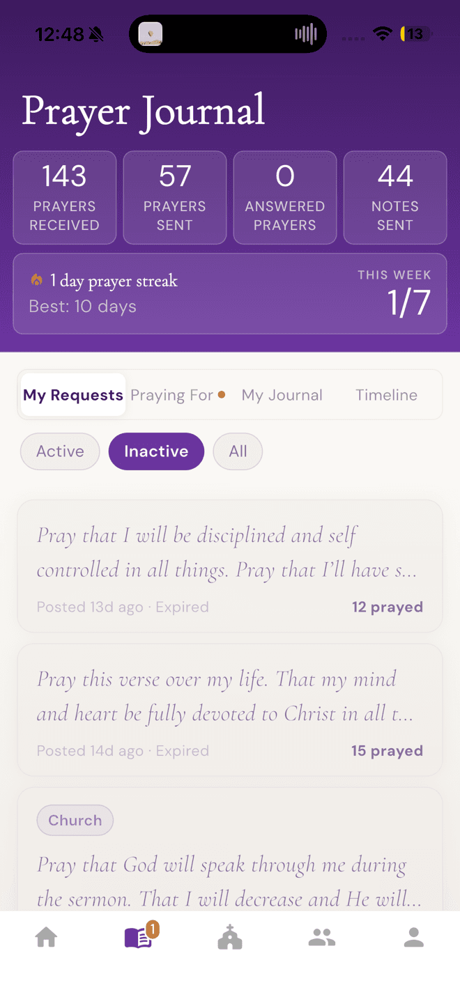 Prayer journal listing your own requests and how many prayed