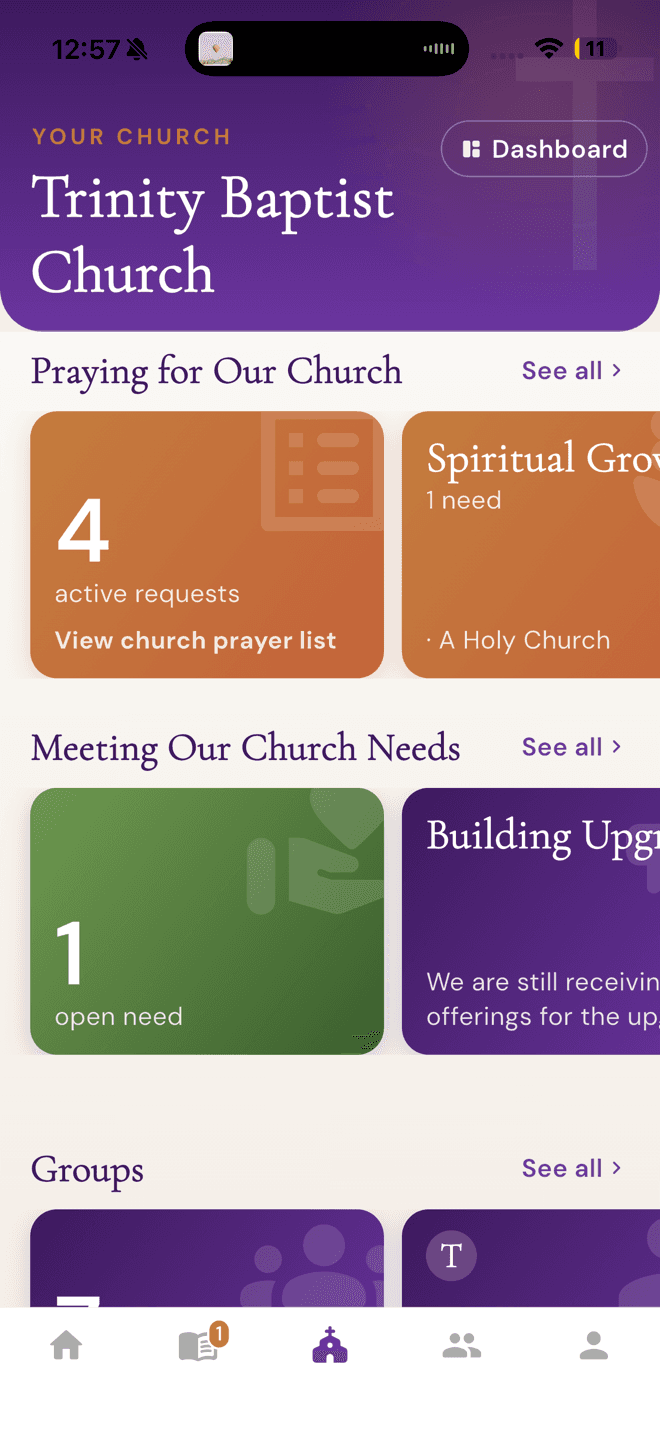 Church screen with active prayer requests and open needs