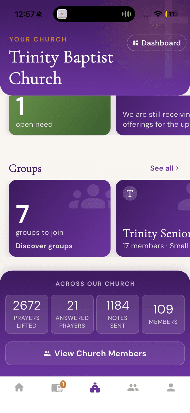 Groups to join and cumulative prayer totals for the church