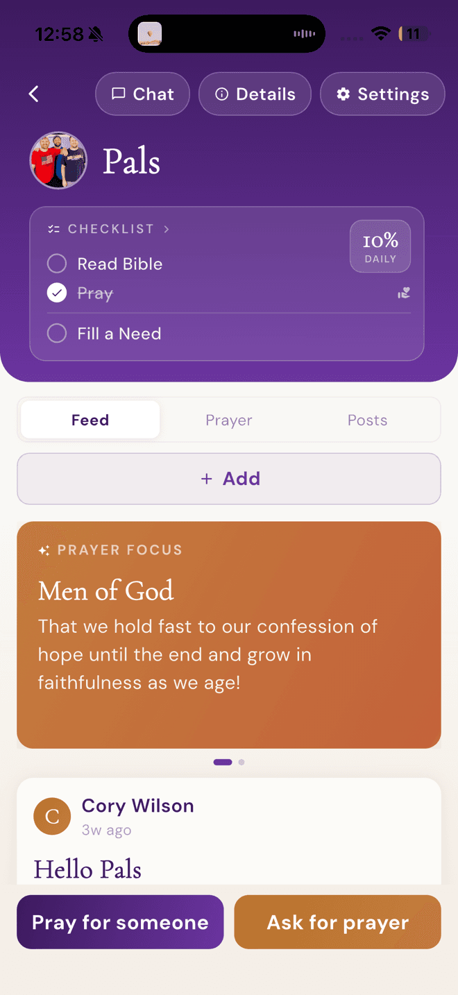 Group screen with a shared checklist, prayer focus, and feed