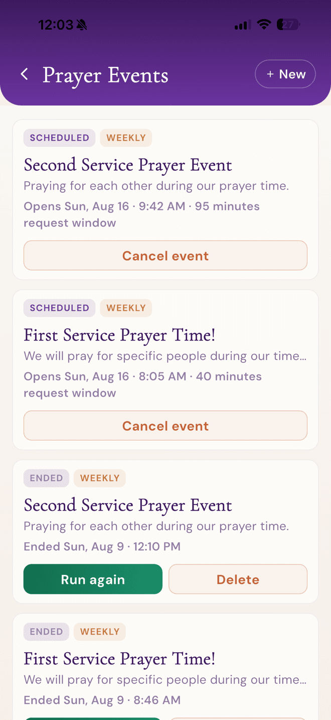 Scheduled and past prayer events with request windows